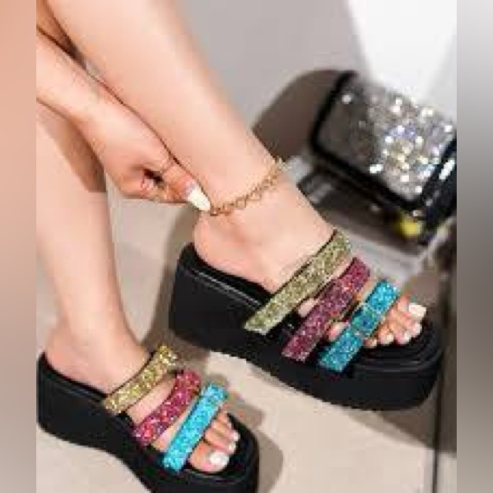 😎Cape Robbin Yellow, Coral & Teal Triple-Strap Platform Slide☀️BRAND NEW IN BOX